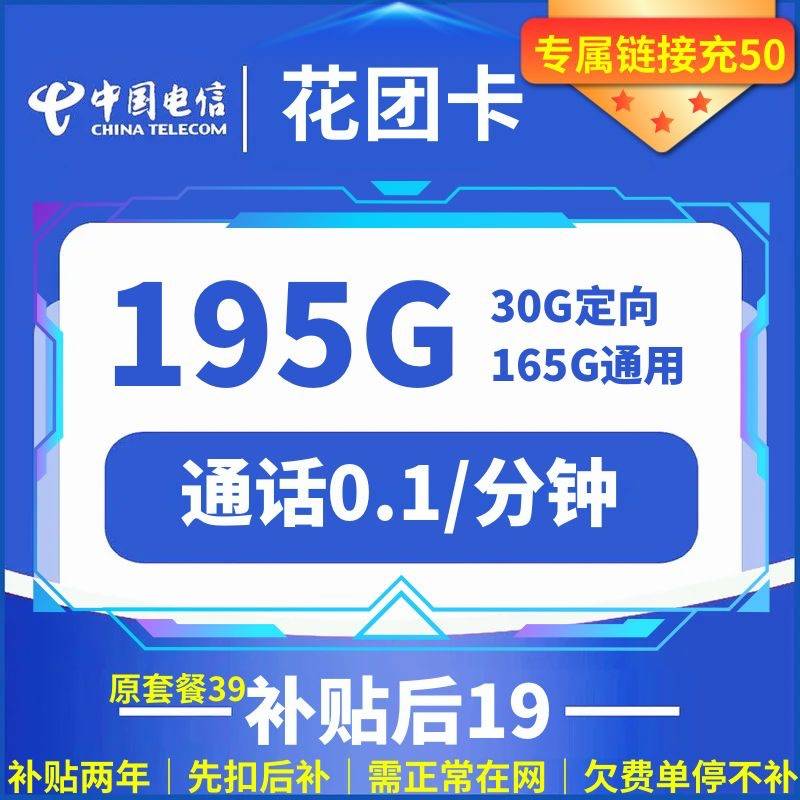 CHINA TELECOM 中国电信 花团卡 两年19元月租 （195G国内流量+5G网速+首月免租）赠电风扇/一台 1元