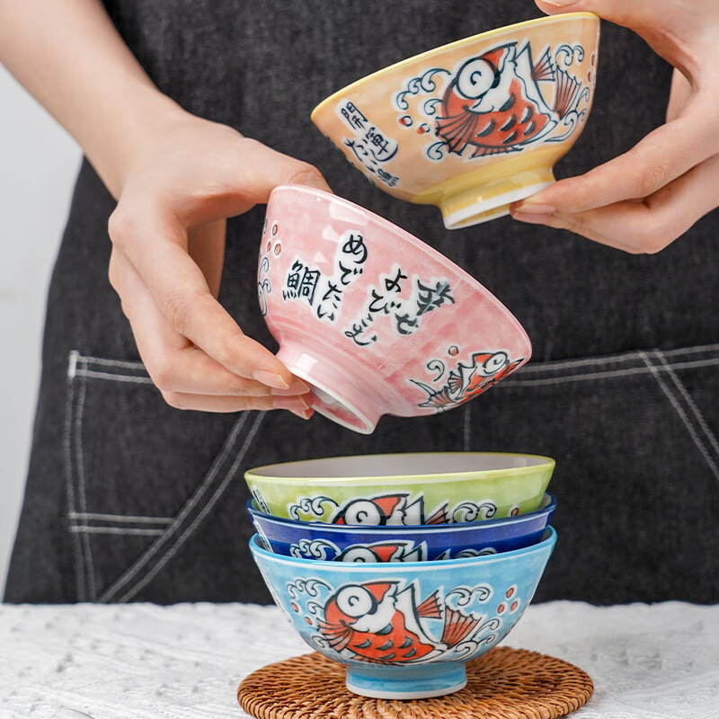 TOKI MINOYAKI 美浓烧 祥物风鲷鱼套碗 日式进口釉下彩餐具家用 和风高脚碗礼盒 5个一套 179.23元