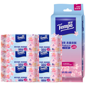 【天猫U先】Tempo/得宝去菌湿巾8片6包迷你随身便携式樱花味小包