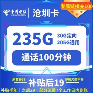 CHINA TELECOM 中国电信 沧圳卡 19元月租（235G国内流量+100分钟通话）赠电风扇一台