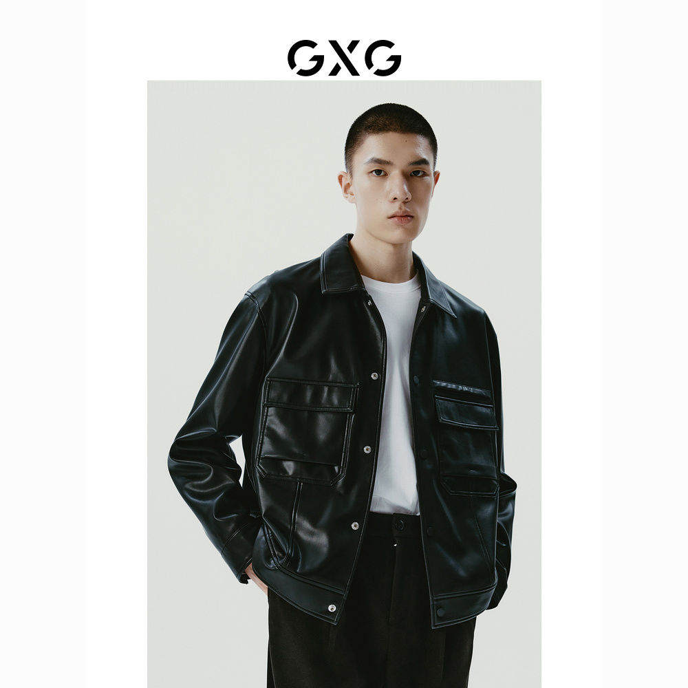 百亿补贴：GXG 男装 黑色口袋设计简约时尚翻领皮衣夹克外套 23年冬季新品 326.19元
