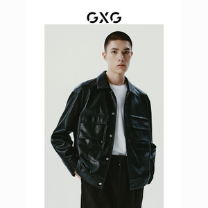 百亿补贴：GXG 男装 黑色口袋设计简约时尚翻领皮衣夹克外套 23年冬季新品