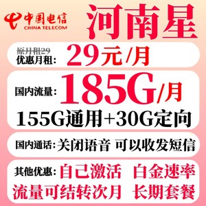 CHINA TELECOM 中国电信 河南星卡 29元月租（155G通用流量+30G定向流量）流量可结转
