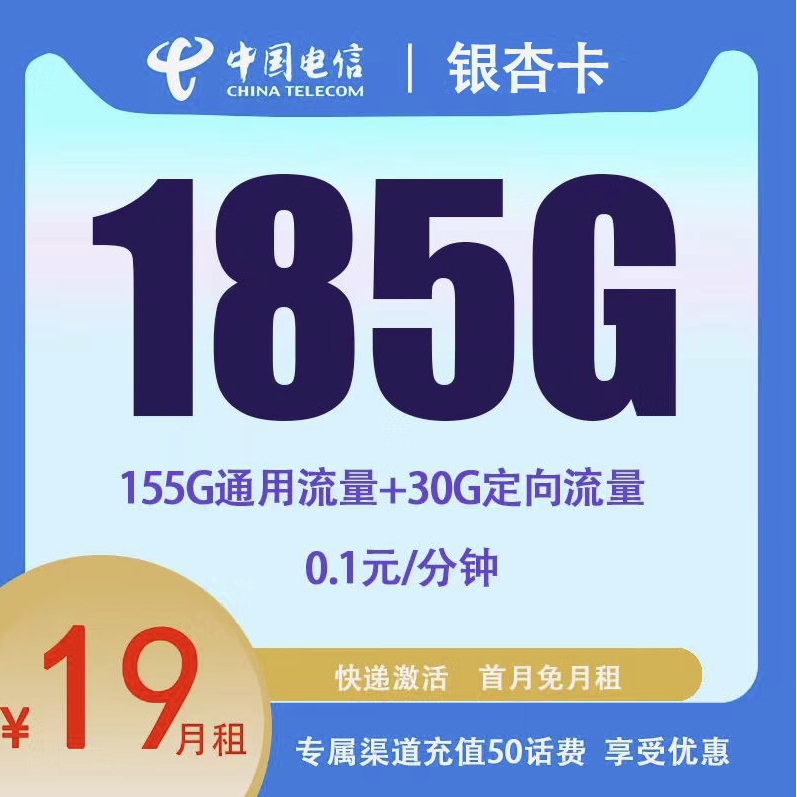 CHINA TELECOM 中国电信 银杏卡 首年19元月租（185G全国流量+0.1元/分钟通话+首月免费） 1元