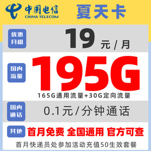 CHINA TELECOM 中国电信 夏天卡 2年19元月租（165G通用流量+30G定向流量+黄金速率）30元红包